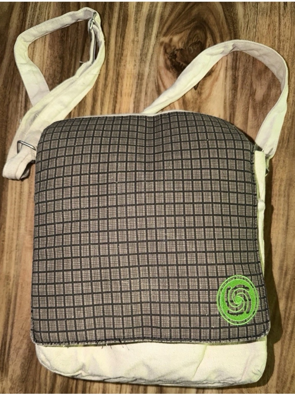 Vintage Microsoft Xbox 360 Messenger Bag With Gray Grid Pattern And Green Logo